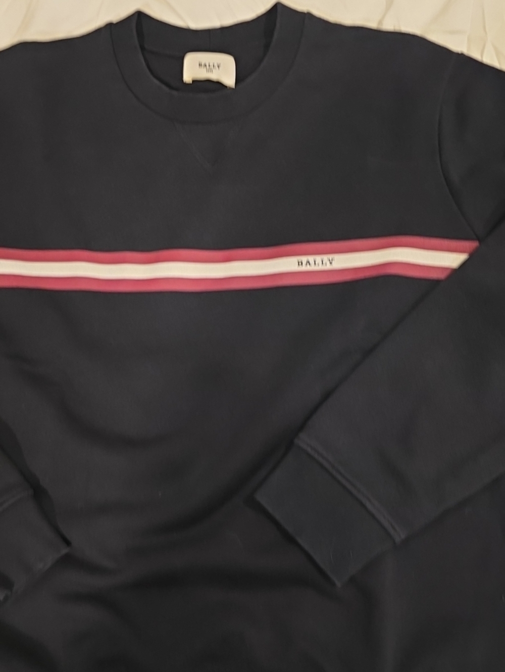 Bally Black Crewneck with Red and White Chest Stripe
